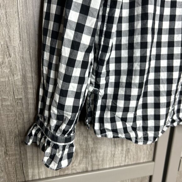 J Crew Gingham Button Up Shirt Black White Checkered Ruffle Trip Size 2 - Picture 2 of 7